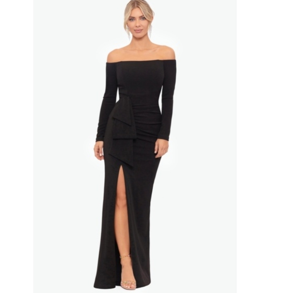 NWT...Xscape Nellie Elegant Black Off-Shoulder Evening Dress